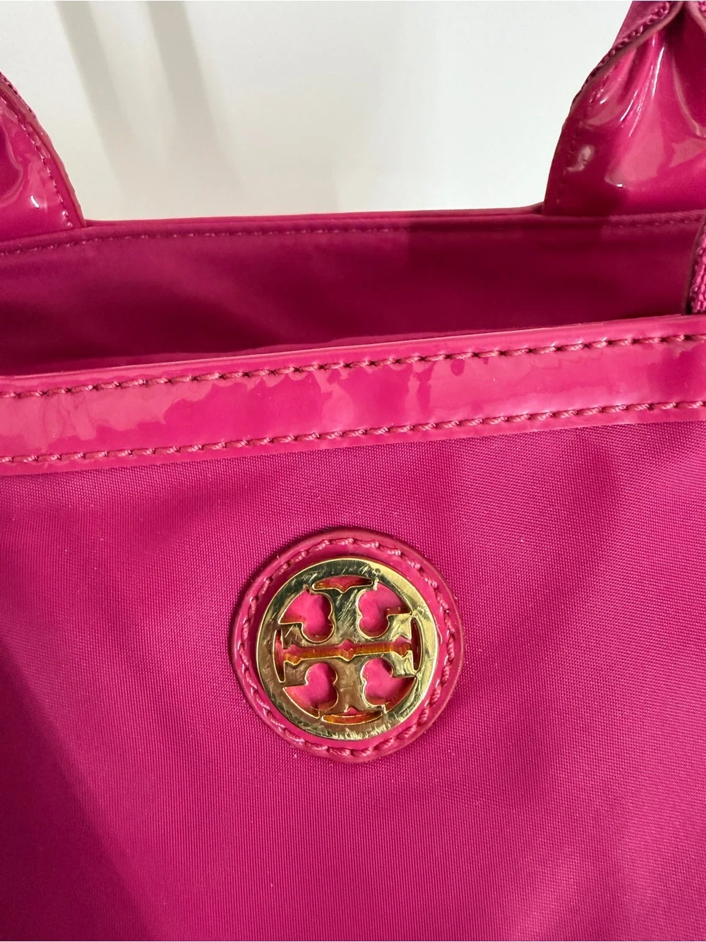 Tory Burch Womens Nylon Tote Bag Hot Pink Patent Trim Handbag Travel Work Casual